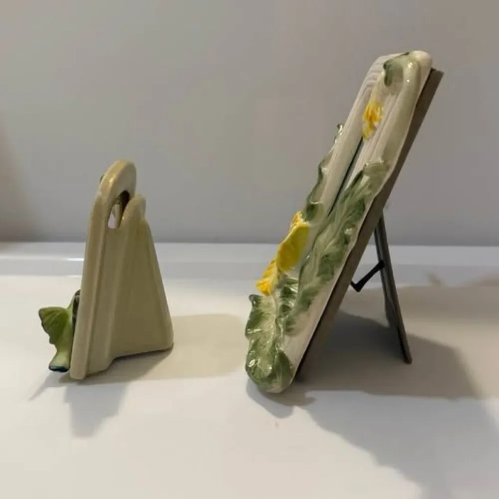 Vintage 80s Takahashi Hummingbird Holder & Fitz Floyd Floral Frame Set